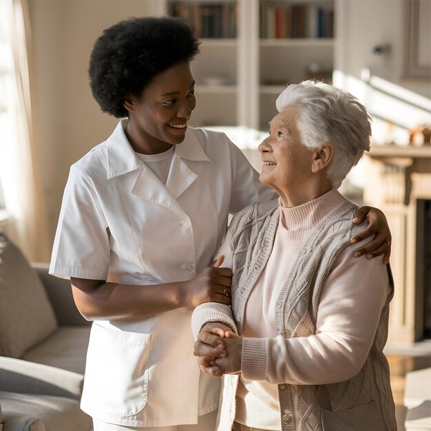 A nurse holds an elderly ladys arm smiling in a cozy sunlit living room