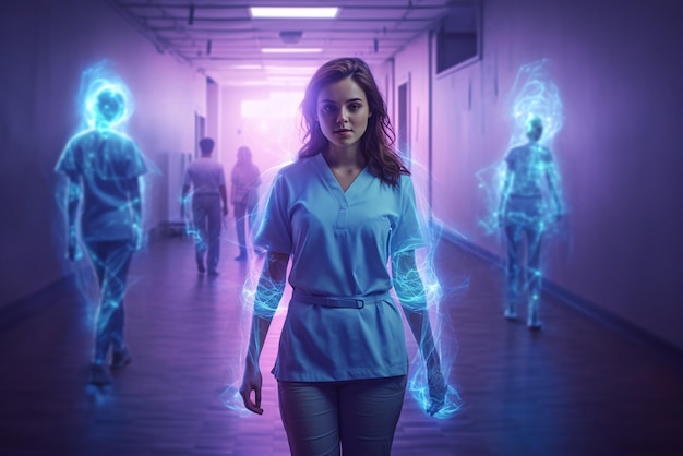 AI が生成した神秘的な光と図形に囲まれた病院の廊下にいる看護師
