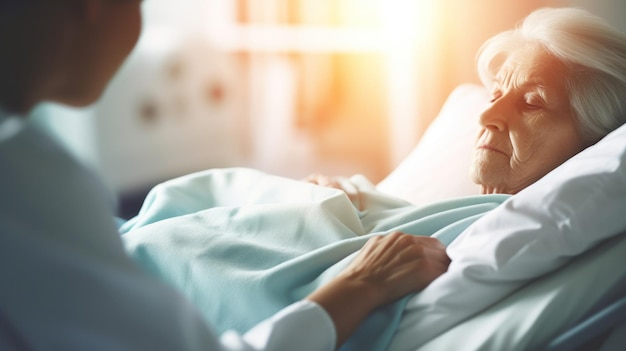 A nurse in a hospital room gently adjusting the blanket of an elderly patient showing care and empathy