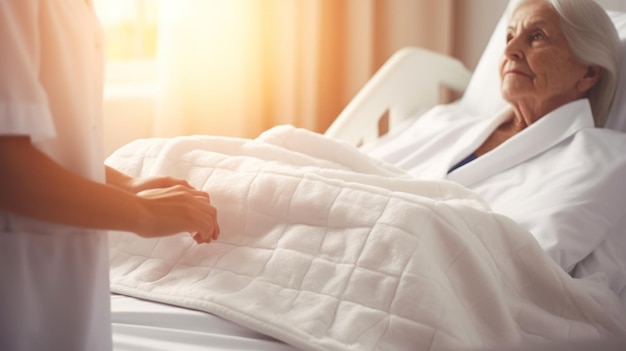 A nurse in a hospital room gently adjusting the blanket of an elderly patient showing care and empathy