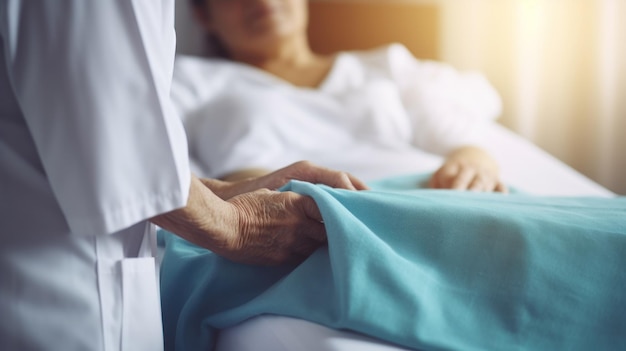 A nurse in a hospital room gently adjusting the blanket of an elderly patient showing care and empathy