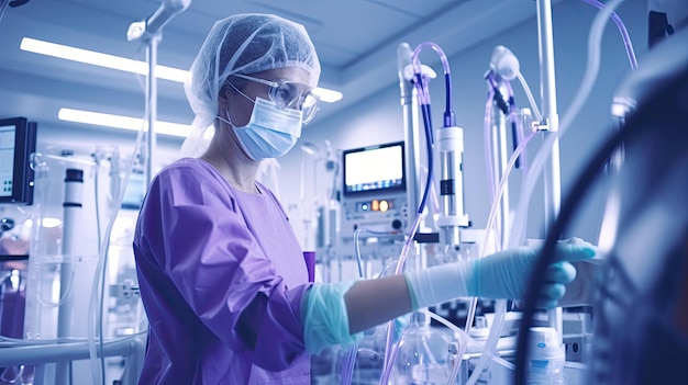 A nurse in a hospital wearing a mask and glasses prepares a heart rate monitor.