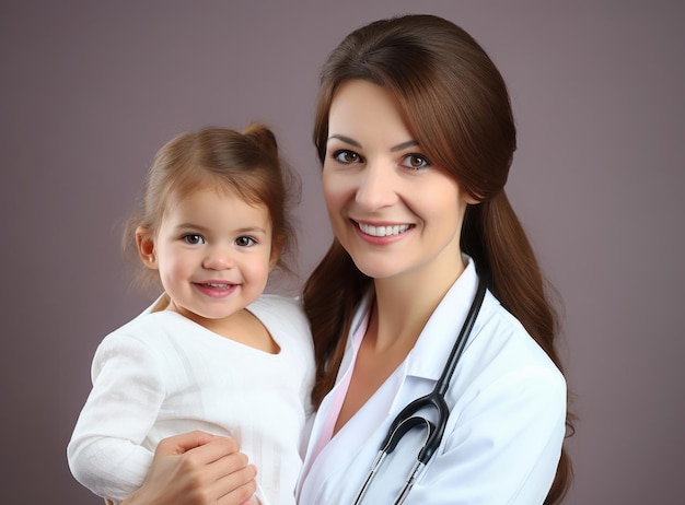 A nurse is looking at an older child with a stethoscope