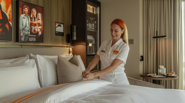 a nurse is putting a pillow on a bed