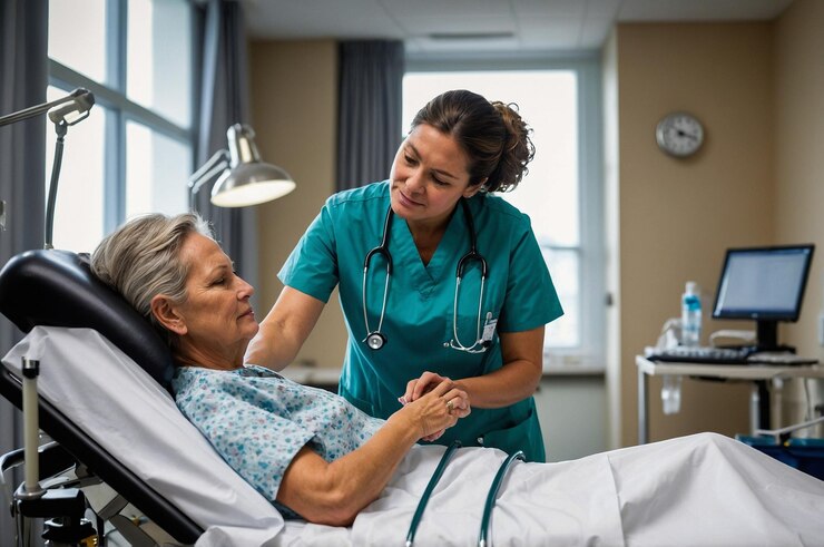 Photo a nurse is standing next to a patient in a hospital room