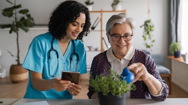Nurse looking at senior patient watering the plant