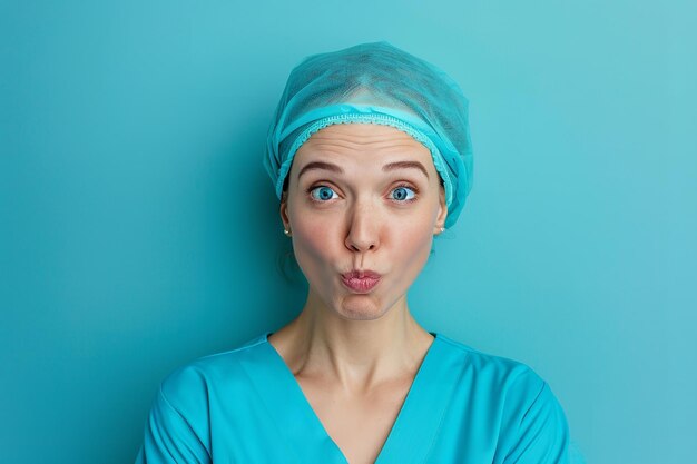 Photo a nurse making faces to make laugh a kid against a clean backdrop with a big space for text or product generative ai