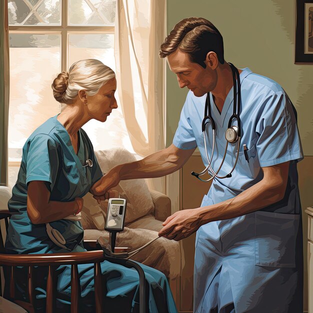 A nurse measuring an elderly patient's blood pressure in a quiet hospital room