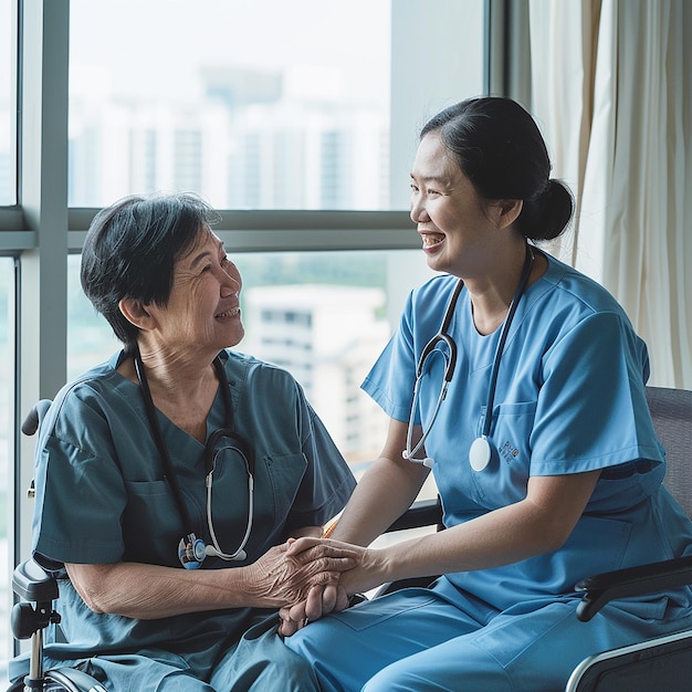 Photo a nurse and a nurse are sitting in a hospital chair