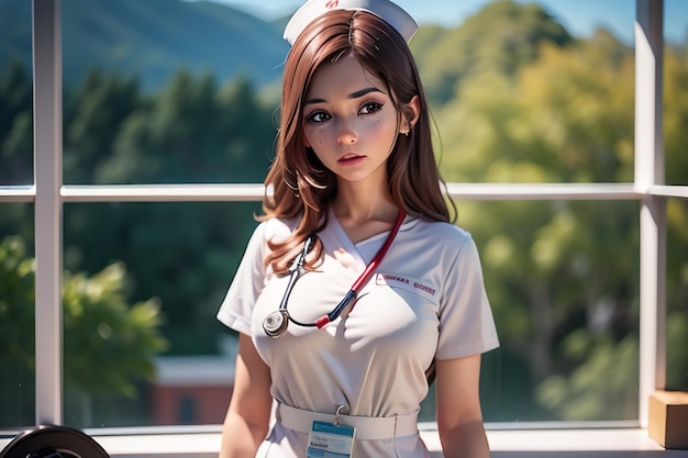 A nurse in a nurse uniform stands in front of a mountain.