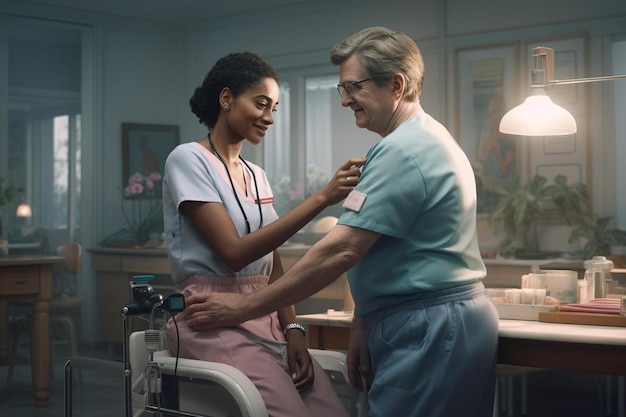 a nurse and a patient are talking on a treadmill.