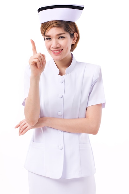 Nurse pointing 1 finger up