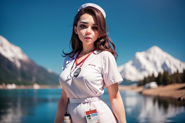 A nurse poses in front of a lake with mountains in the background