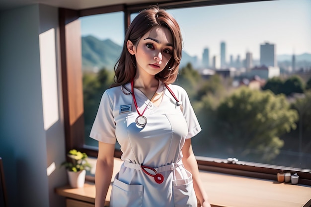 A nurse poses in front of a window with a city in the background