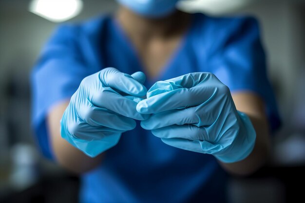 Un'infermiera si toglie i guanti nella stanza dell'ospedale