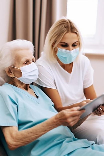 Foto infermiera e donna anziana che esaminano la cartella clinica su tablet digitale durante la visita a casa e indossano