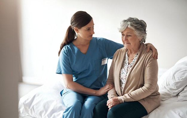 nurse senior woman and talking with care in bedroom for support empathy or help for health