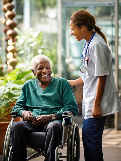 Photo a nurse smiles next to an elderly man in a wheelchair