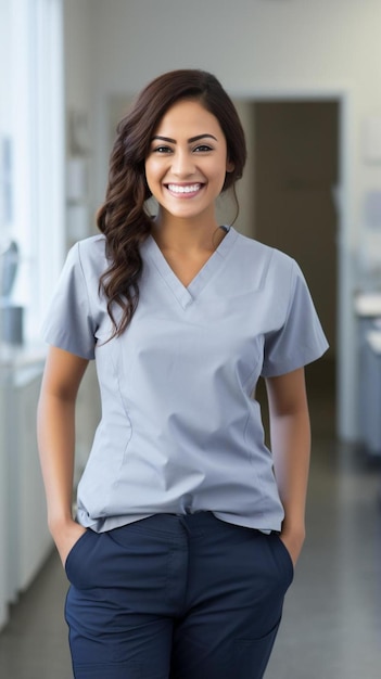 a nurse smiles in front of a hospital bed