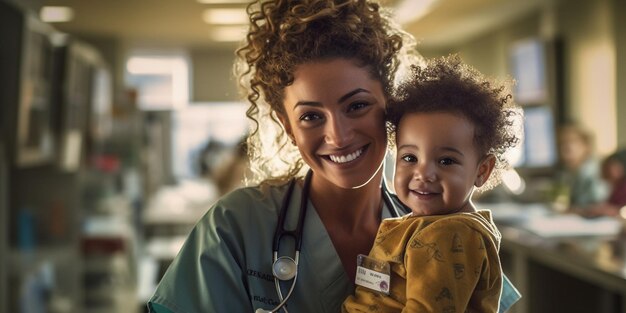 A nurse smiles with a child in a hospital.