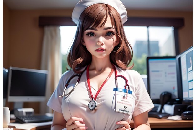 Медсестра стоит перед экраном компьютера со стетоскопом на шее.