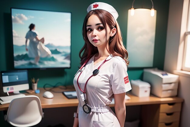 A nurse stands in front of a computer screen
