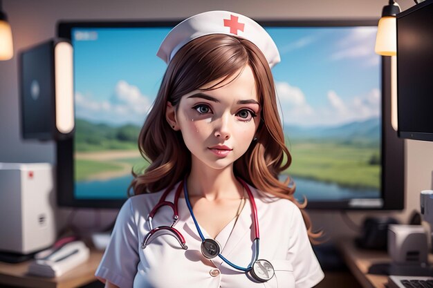 A nurse stands in front of a computer screen.