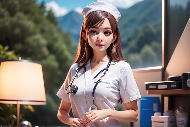 A nurse stands in front of a mountain.