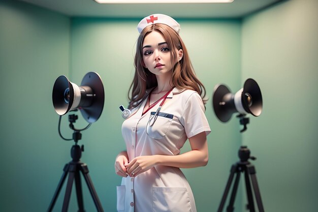 A nurse stands in front of two lamps with the word doctor on them