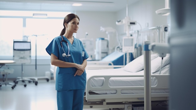 A nurse stands in a hospital room