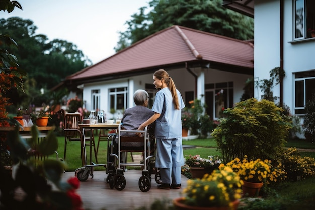 Photo nurse take care elder woman at home health care concept generative ai