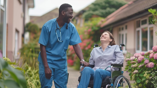 Nurse taking care of disabled patient in wheelchair outdoors