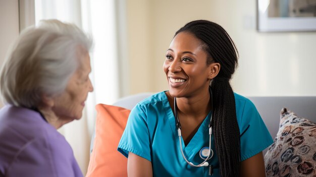 A nurse talks to a patient senior