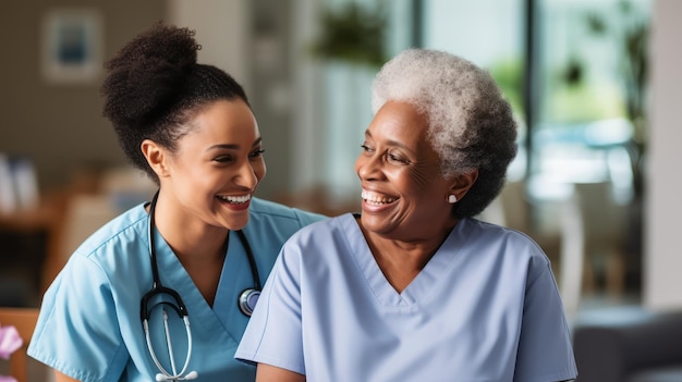 Photo a nurse talks to a senior patient