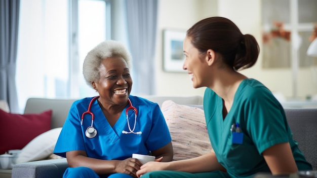 A nurse talks to a senior patient