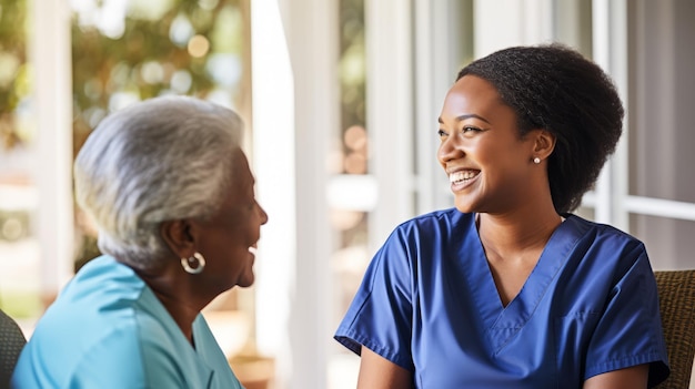 A nurse talks to a senior patient