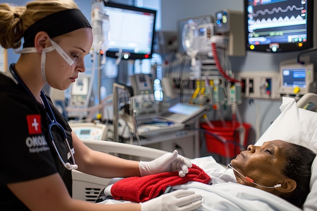 Photo a nurse tending to a patient in a hospital