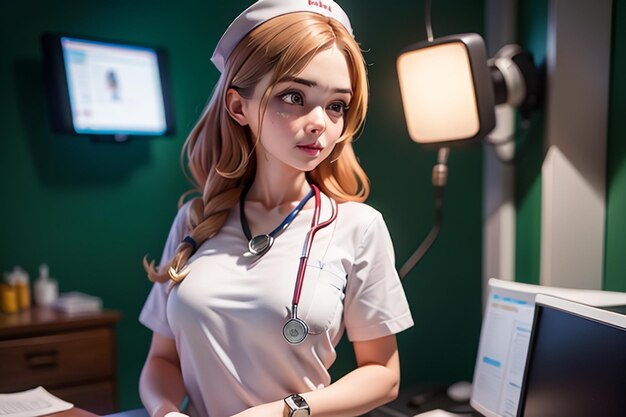 Медсестра в форме стоит перед экраном компьютера