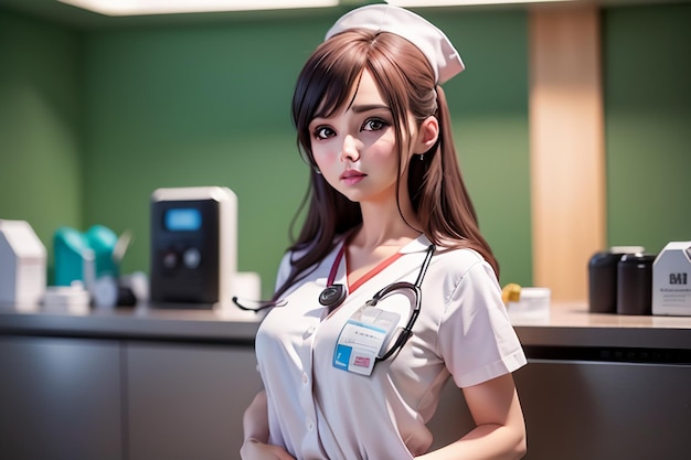 Медсестра в униформе с именной биркой, на которой написано: «Я медсестра».