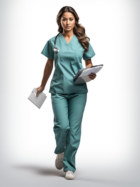 Photo nurse walking in midstride on a blank background