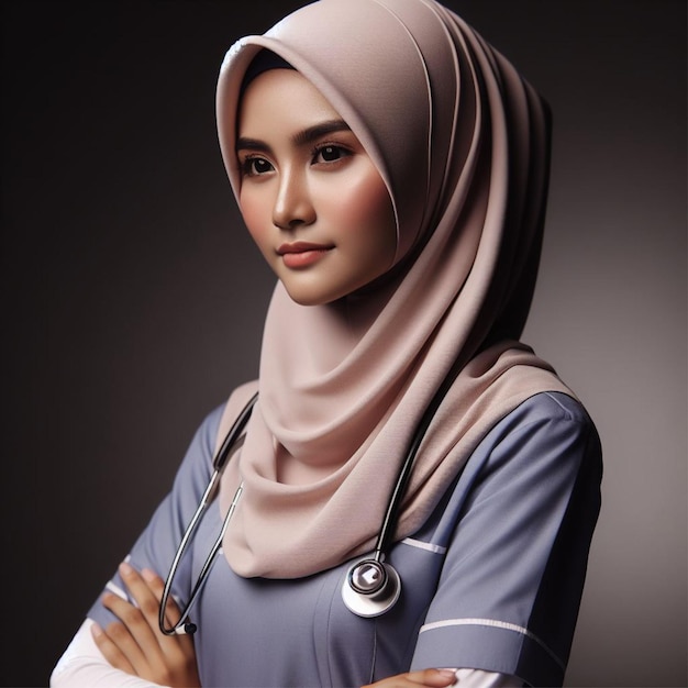 Nurse wearing a hijab adorned in her healthcare uniform