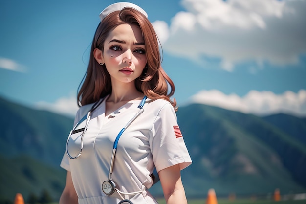 A nurse wearing a nurse uniform stands in front of a mountain.