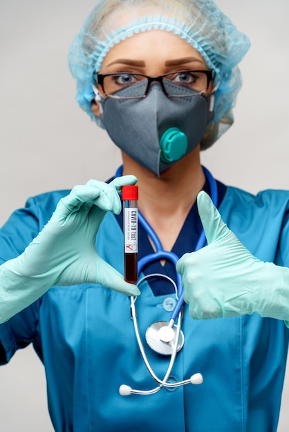 Nurse wearing protective mask and gloves and holding negative coronavirus COVID-19 blood test