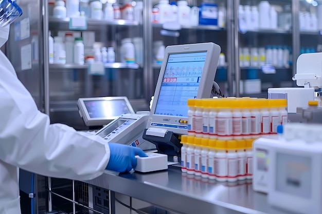 Photo a nurse in a white coat and blue gloves working on an electronic computer screen ai generated