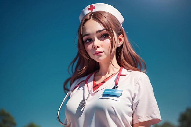 A nurse in a white uniform stands in front of a blue sky