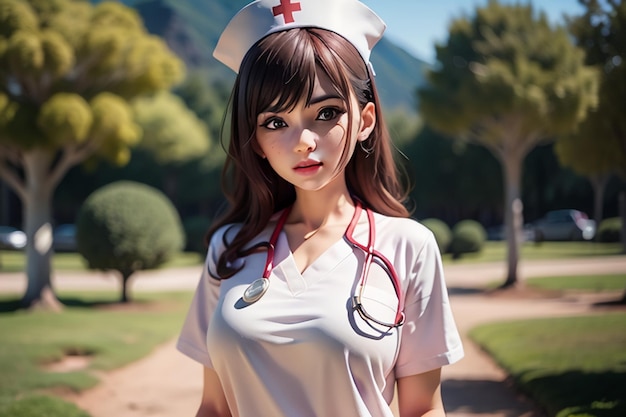 A nurse in a white uniform stands in front of a green tree.