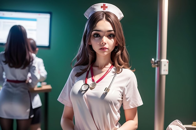 흰색 유니폼을 입은 간호사가 녹색 벽 앞에 서 있습니다.
