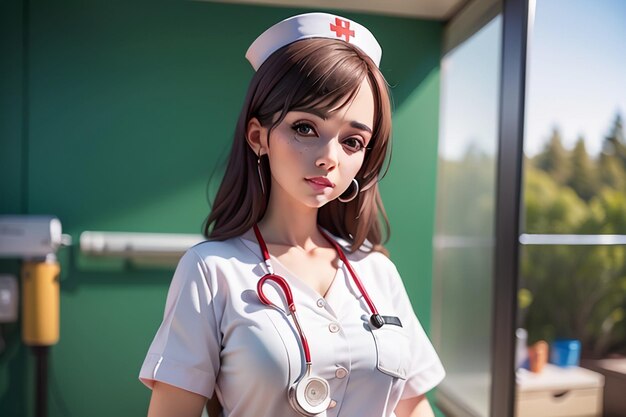 A nurse in a white uniform stands in front of a green wall.