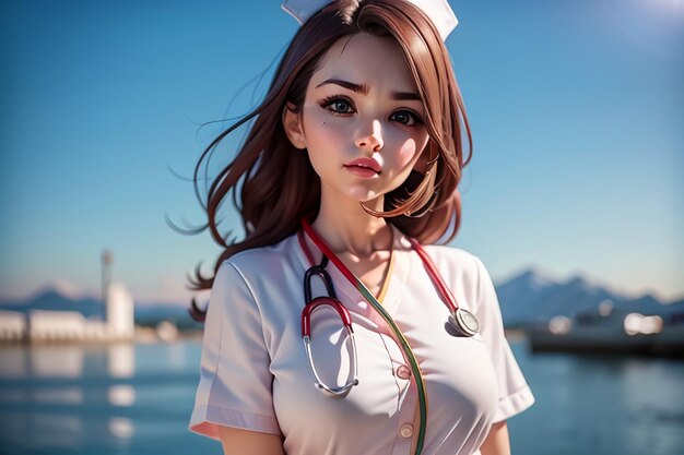 A nurse in a white uniform stands in front of a lake