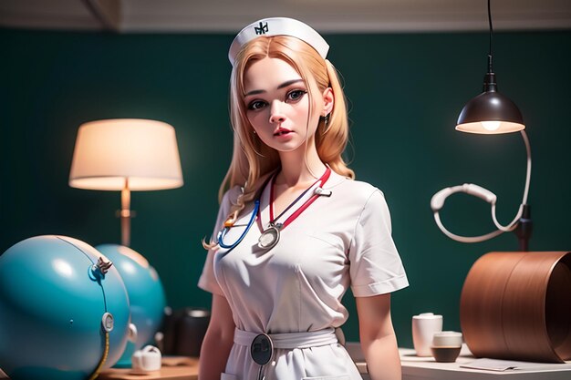 Photo a nurse in a white uniform stands in front of a lamp with a globe and a lamp.